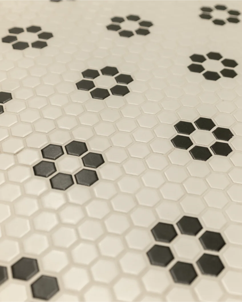 Black and white hexagonal tile pattern floor