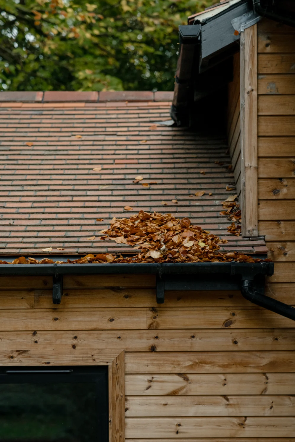 Leaves piled on wooden house roof gutter.