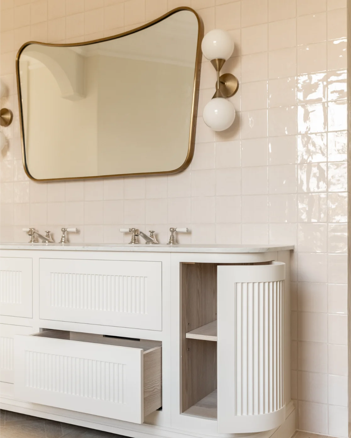 Elegant bathroom with mirror and open drawer